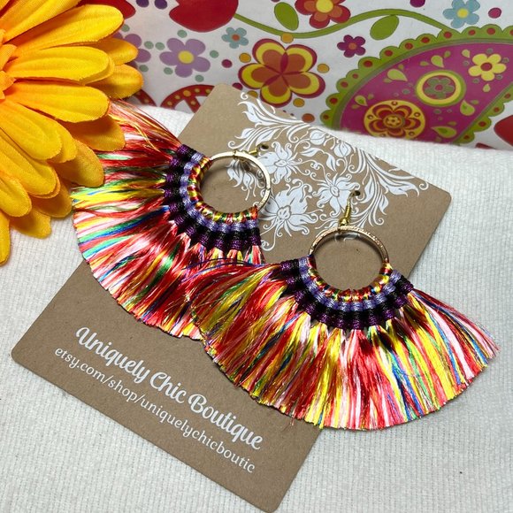 Med Fan Tassel Earrings Multi Hoops Smooth Shiny Silky Fringe Drop Dangles NWT - Picture 4 of 5